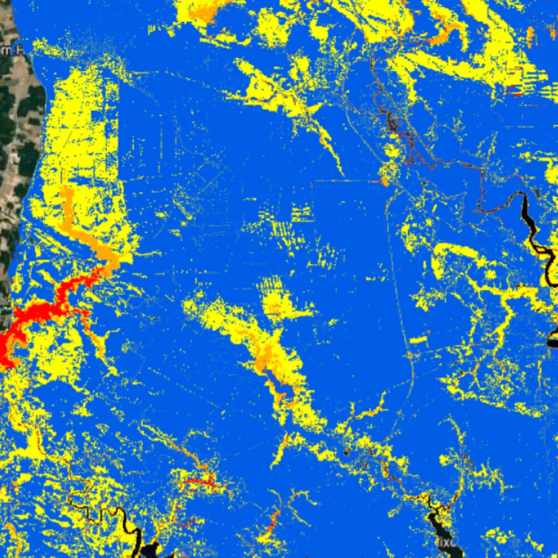 A screenshot of PVcase Prospect's Hurricane Storm Surge Risk layer displayed in colors over a map of the US.