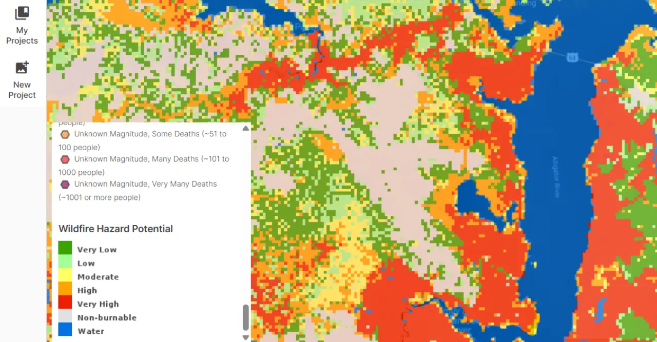 A screenshot of PVcase Prospect's Wildfire Hazard Potential layer displayed in colors over a map of the US.