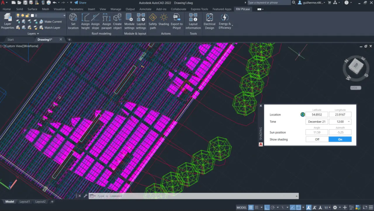 Shading analysis performance with 3D visualization of the projected shades of trees on a roof on PVcase Roof Mount.