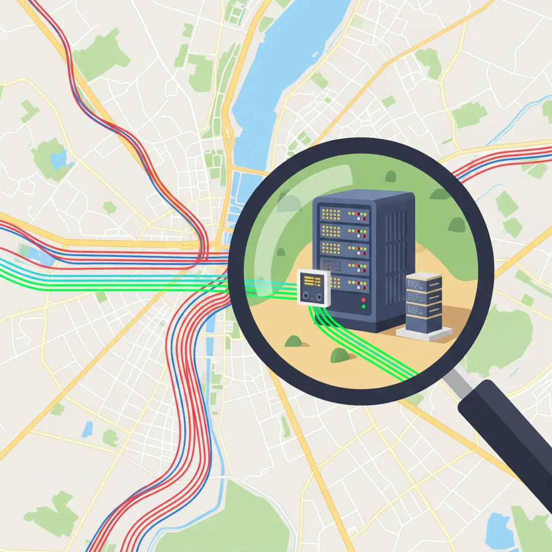Abstract image of a city map with roads and fiber optic highways, with a magnifying glass highlighting a data center site.