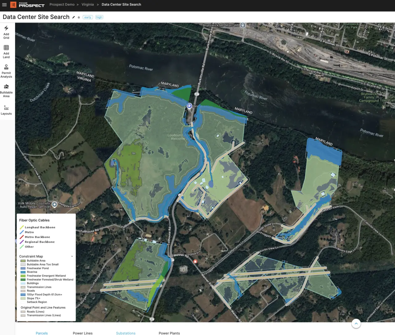 Screenshot of the contraint and buildability layers over a GIS map in PVcase Prospect.