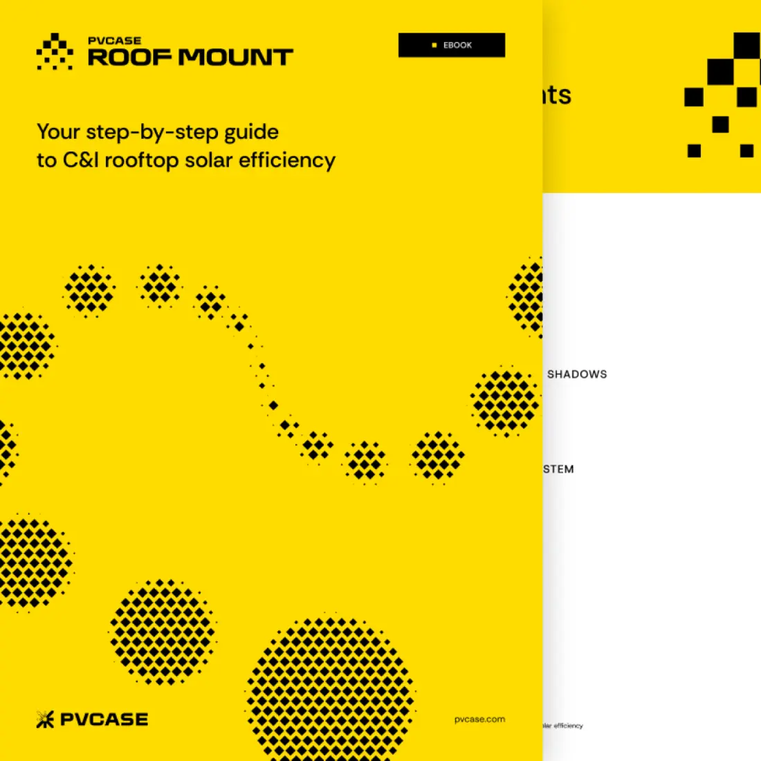 Thumbnail showing the front and first pages of the PVcase Roof Mount ebook "Your step-by-step guide to C&I rooftop solar efficiency."