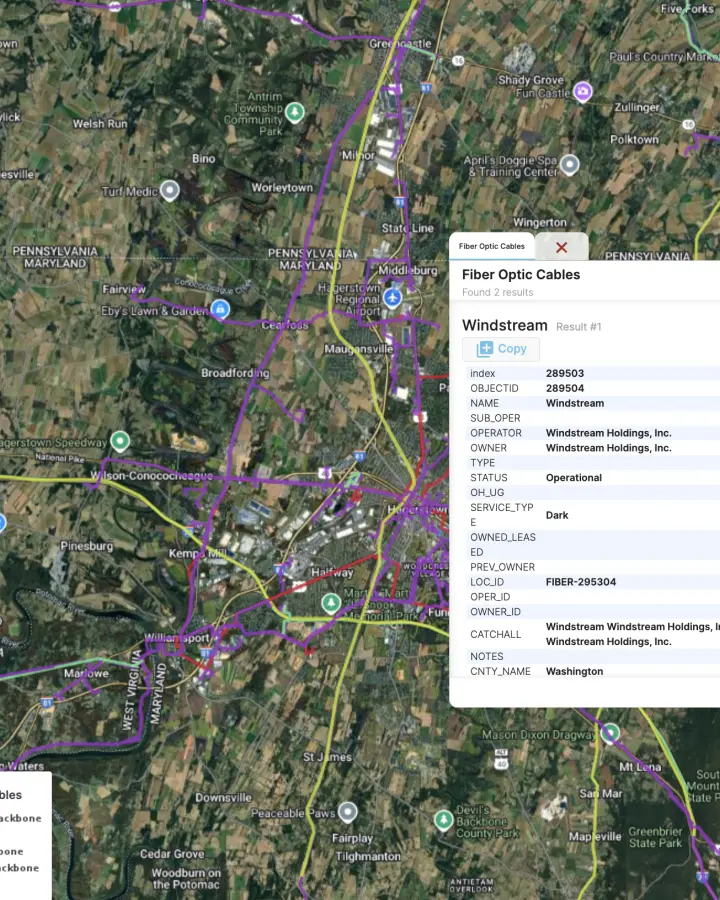 Screenshot of the fiber optic cable data displayed over a GIS map of Pennsylvania in PVcase Prospect.
