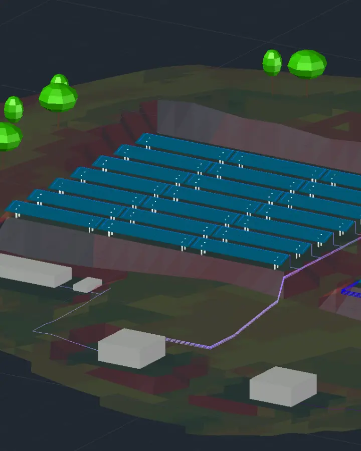 Screenshot of a 3D visualization of a solar farm design with a coupled BESS system on PVcase Ground Mount.