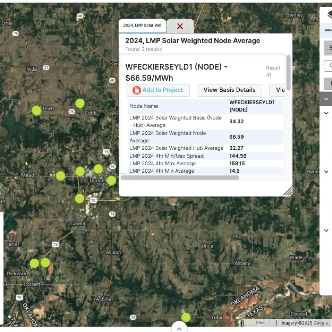 Screenshot of the displays and map showcasing the updated locational marginal pricing data in PVcase Prospect.
